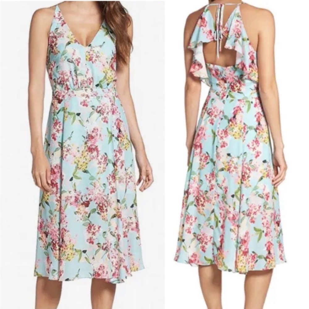 Adelyn Rae Valerie Woven Printed Midi Dress Aquamarine Floral‎ Blue S